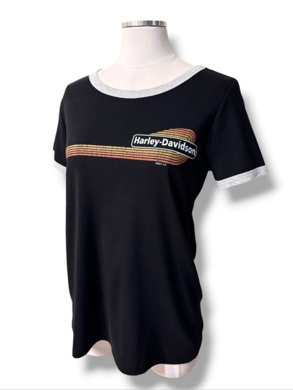 HARLEY-DAVIDSON Ringer Striped Dealers Tee Size Medium Black/Grey